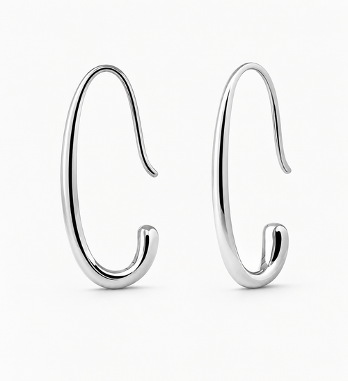 Pair of silver hoop earrings on a white background