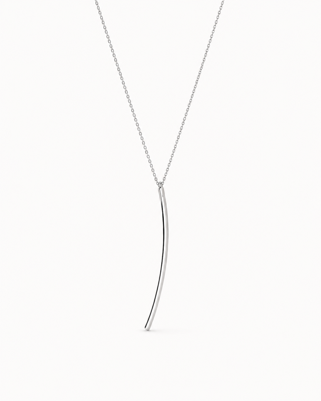 Silver curved pendant necklace on a white background