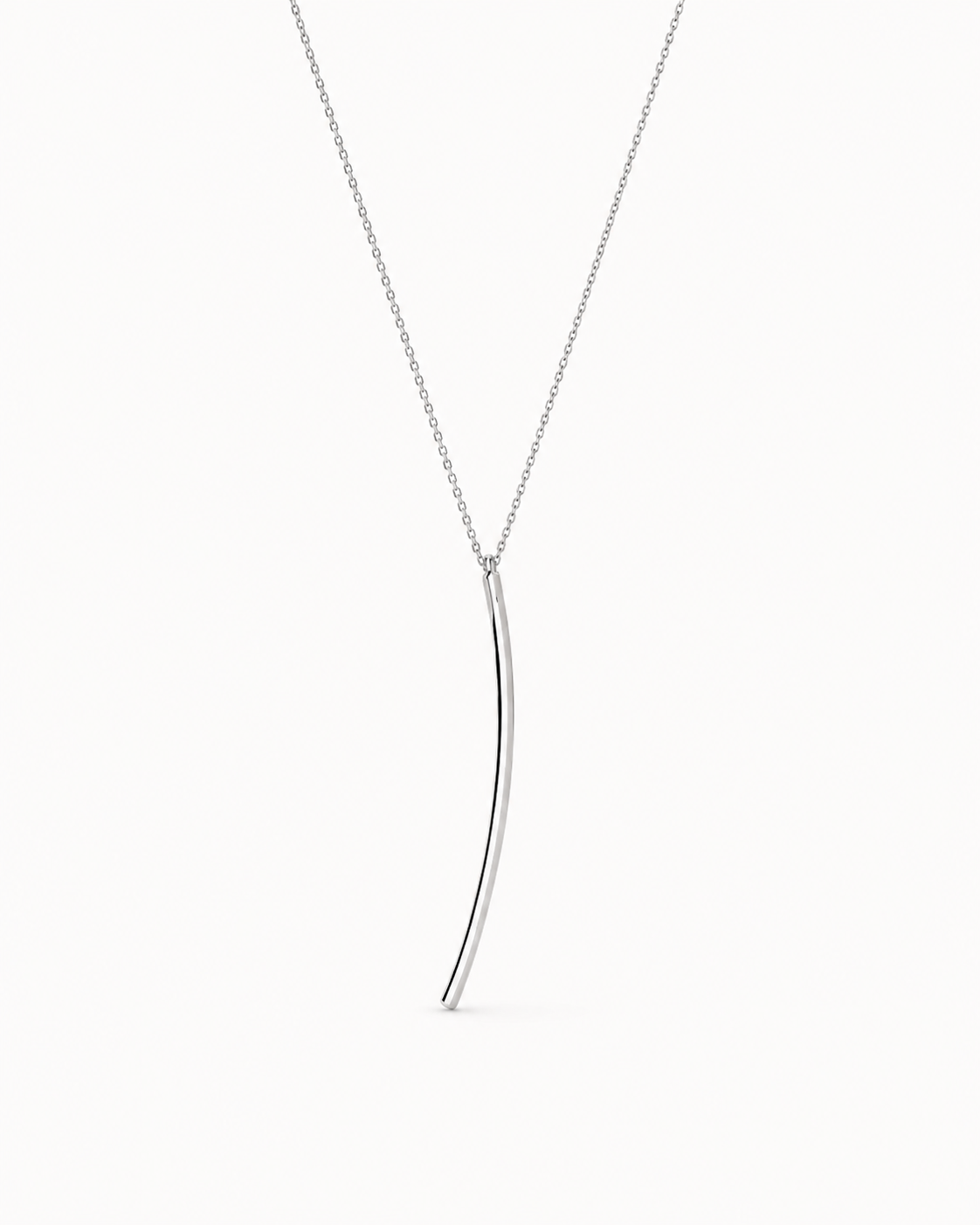 Silver curved pendant necklace on a white background