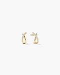 Pair of gold hoop earrings with small diamonds on a white background