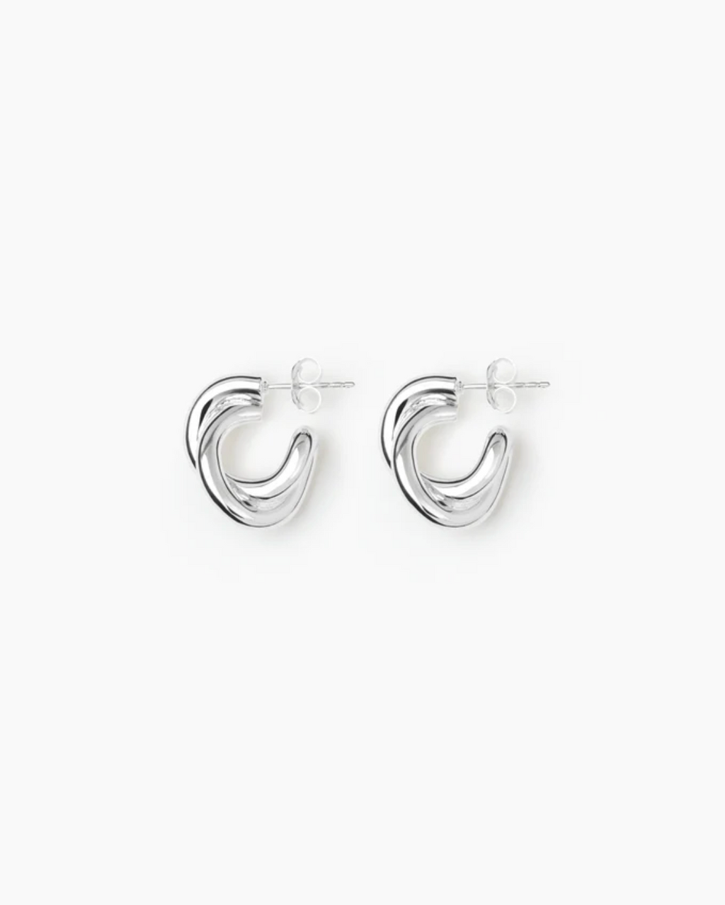 Pair of silver hoop earrings on a white background
