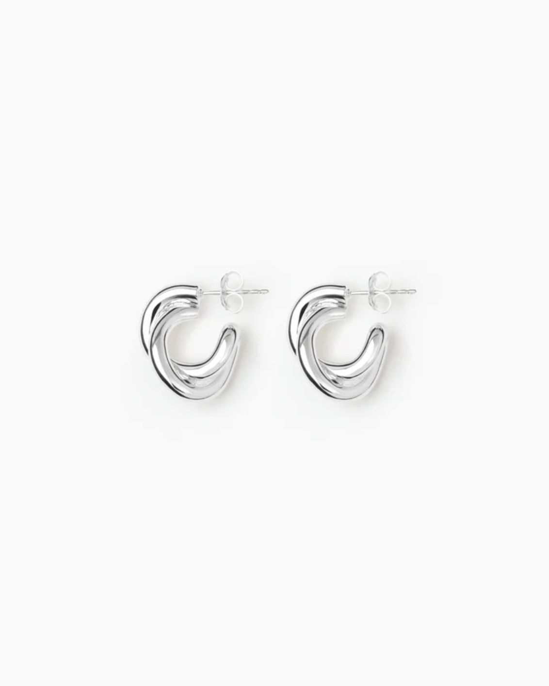Pair of silver hoop earrings on a white background
